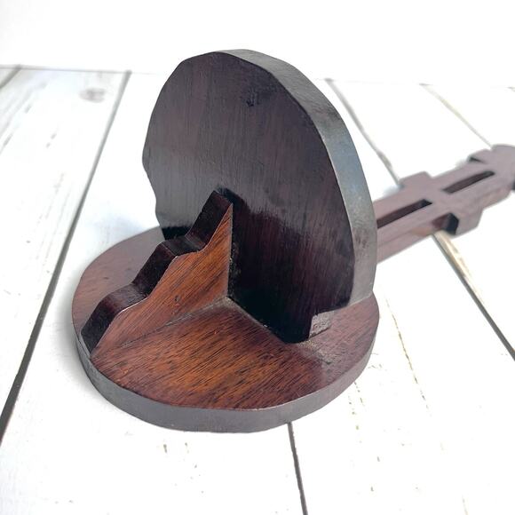 Vintage Banjo Style Shape Solid Wood Shelf Handcrafted Details Dark Brown - Picture 5 of 16